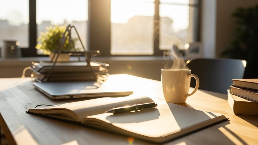 朝日の差し込むデスクの上に置かれたノートと温かいコーヒー。話が長い人の特徴と対処法を理解し、イライラから解放された穏やかな職場の心理状態を象徴している。