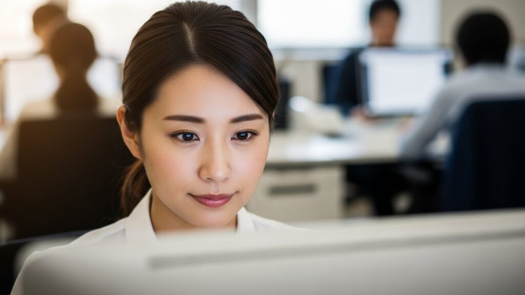 背景にいる同僚たちとは物理的な距離を置き、真剣な表情でPC作業に集中している日本人女性。言わなくていいことを言う人への上手な対処法として、仕事だと割り切り業務に集中している様子。