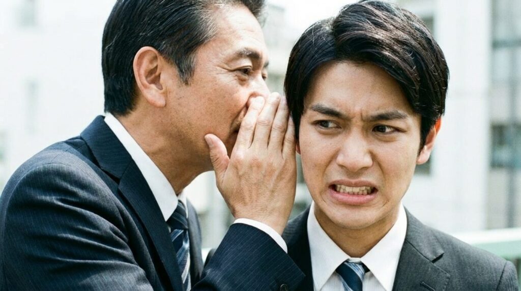 お節介な人に共通する特徴である距離感のなさを表した写真。相手の心理を配慮せず、自己満足で一方的に話しかける日本人の様子。