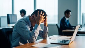 現代的な日本のオフィスで、同僚の余計な行動に悩み頭を抱える男性社員の姿。余計なことをする人の心理を知り、職場で振り回されないための対処法を探している様子。