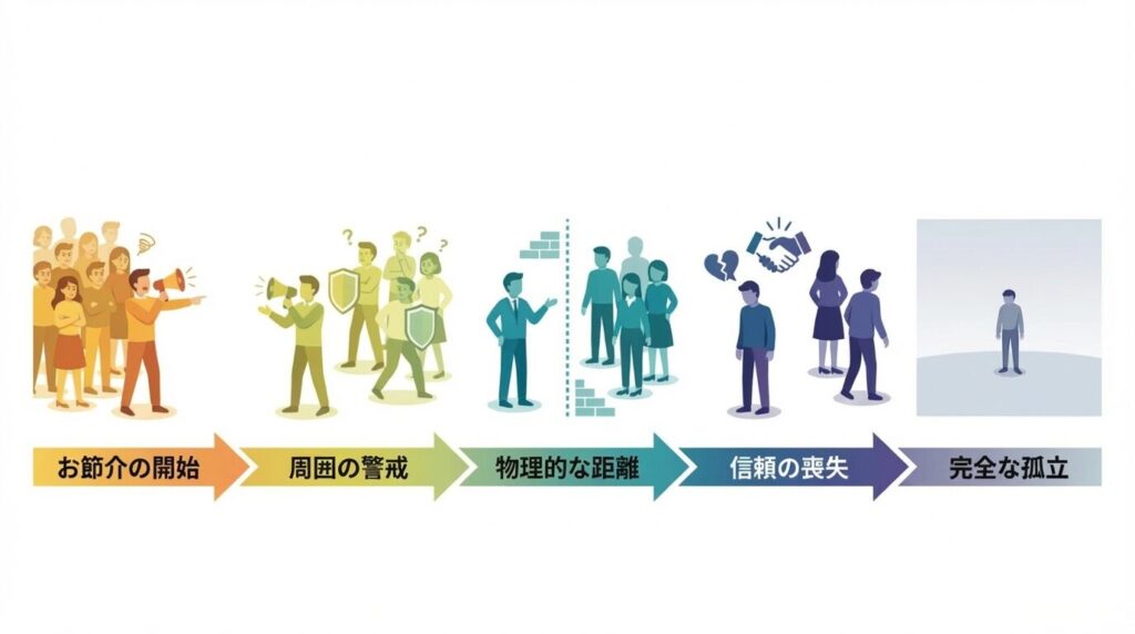 お節介な人が孤立に至るまでのプロセスを示したフローチャート。介入の開始から周囲の警戒、物理的な距離、信頼の喪失を経て、最終的に誰からも相手にされなくなるまでの段階的な流れ。