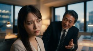 職場でのお節介な人の末路や特徴を象徴するシーン。一方的な干渉に困惑する様子を通して、うざいと感じる心理と孤立する未来を表現している。