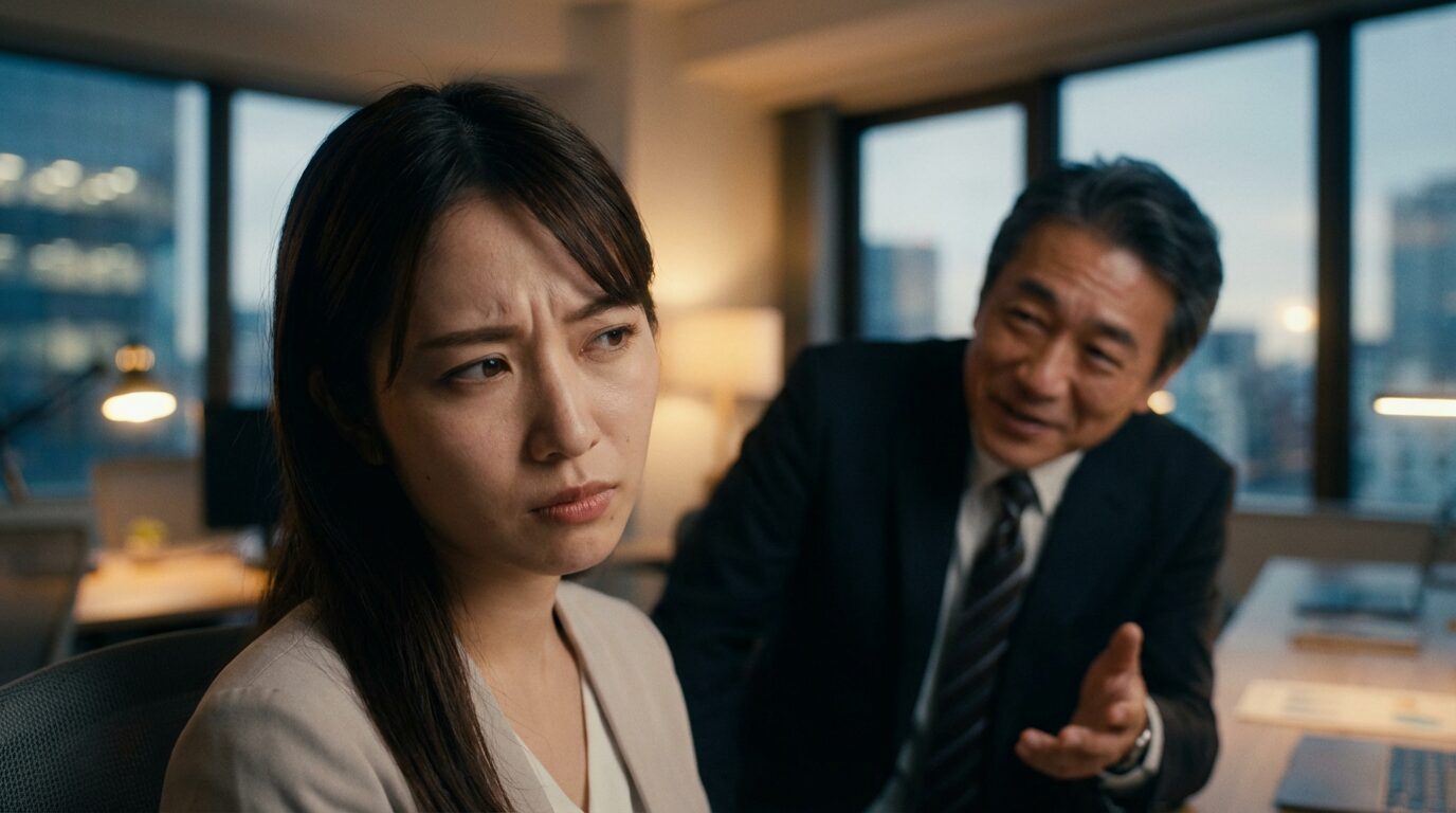 職場でのお節介な人の末路や特徴を象徴するシーン。一方的な干渉に困惑する様子を通して、うざいと感じる心理と孤立する未来を表現している。