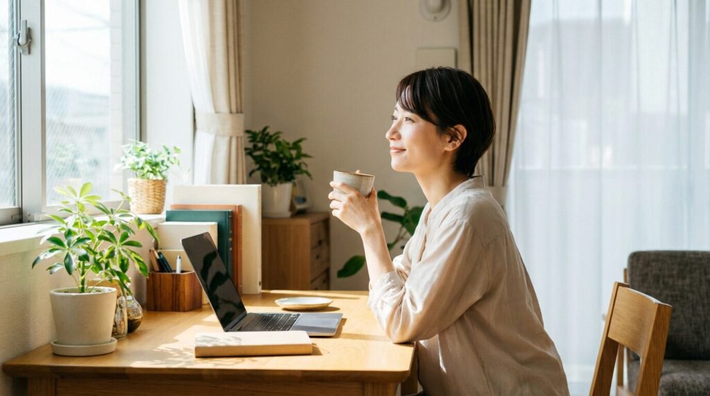 お節介な人の末路や対処法を理解し、ストレスから解放された平穏な日常。自分の時間を大切にする日本人のリラックスした姿。