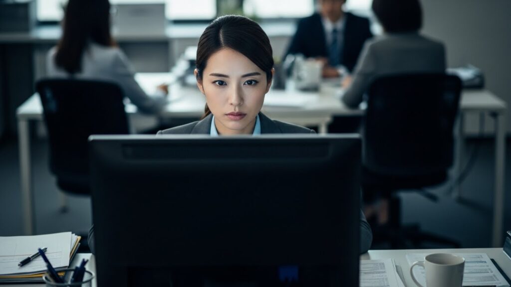 オフィスのデスクでモニターを真剣に見つめる日本人女性社員。必要以上の業務は損だと考え、最低限の仕事しかしない人の心理や、周囲に対して心の壁を作っている様子。