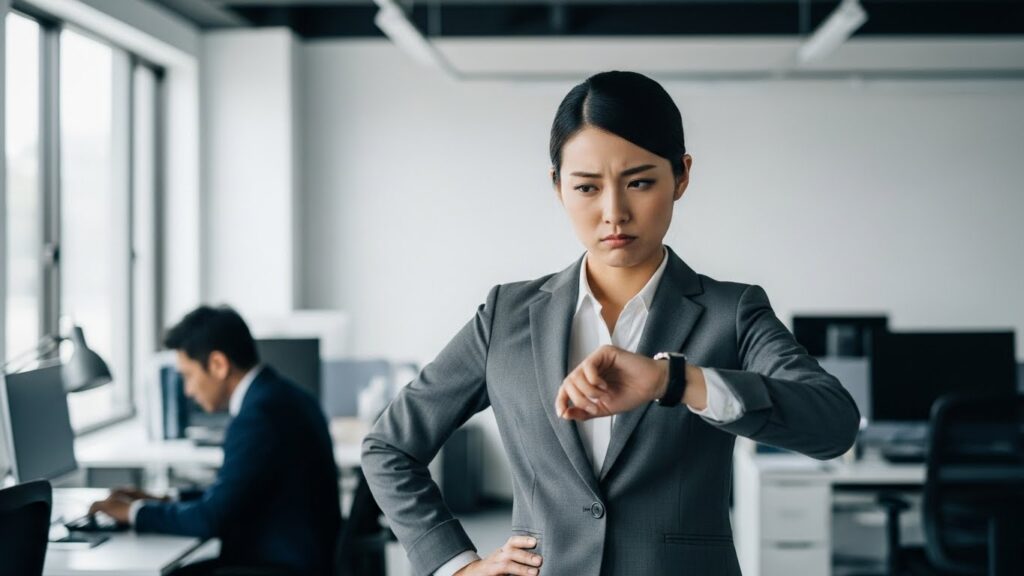 オフィスで腕時計を見ながら、仕事が終わらない同僚を険しい表情で待っている日本人女性。仕事が遅い人が周囲に与える悪影響や、待たされる側のイライラした心理を表している、