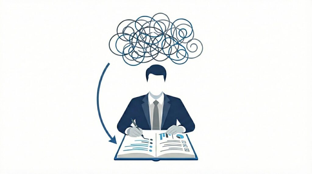 脳内の混乱した思考が、ノートに書き出すことで整理整頓されスッキリする様子を描いたイラスト