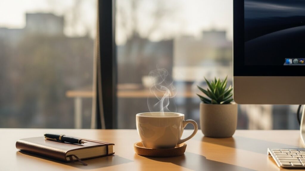 温かい光が差し込む整理整頓されたオフィスのデスクとコーヒーカップ。余計なことをする人の心理や対処法を理解し、自分の業務に集中できる平穏な環境を取り戻したイメージ。