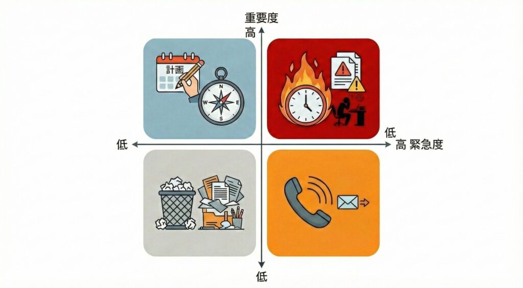 重要度と緊急度のマトリクス(アイゼンハワーマトリクス)の図解。仕事が遅い人は「緊急ではないが重要」や「緊急でも重要でもない」領域に時間を使いがちなことを示す。