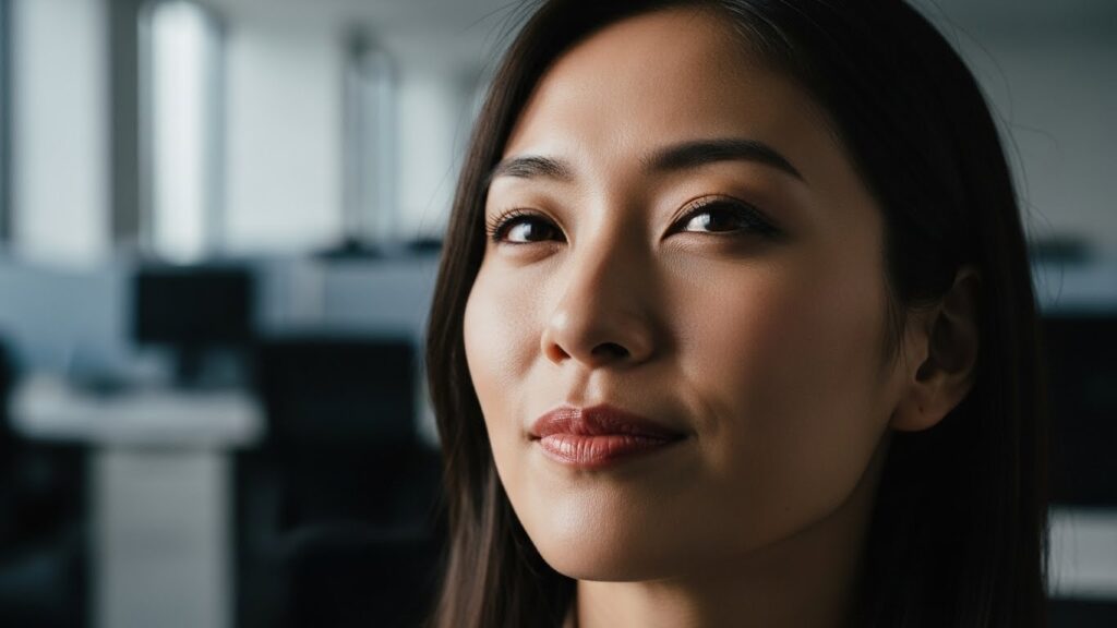 オフィスで少し勝ち誇ったような表情を浮かべ、相手を見下ろすような視線を送る日本人女性。言わなくていいことを言う人の心理にある、優位に立ちたい欲求や承認欲求を表している。