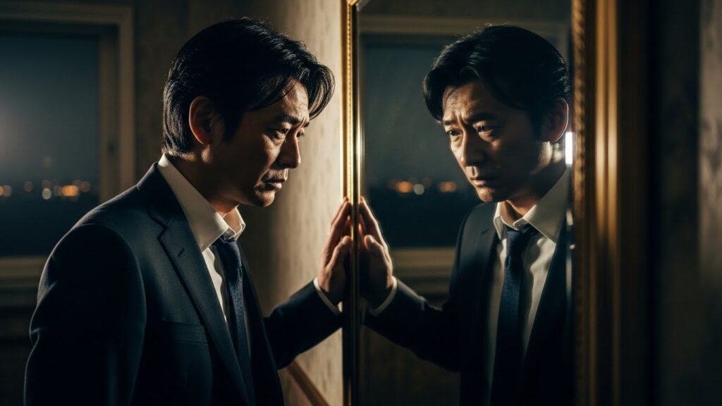 薄暗い部屋で鏡に映る自分の姿を深刻な表情で見つめる男性。人を見下す人の内面にある葛藤や孤独感、複雑な心理的背景を表している様子。