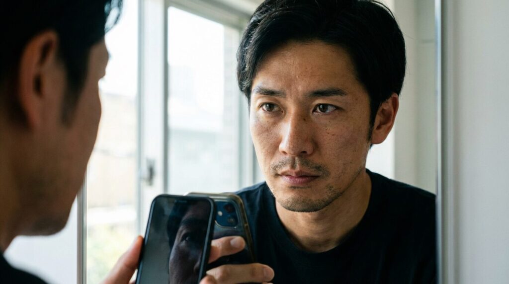 スマートフォンの反応や自身の見え方を過度に気にする30代日本人男性。承認欲求が強く他者評価に依存する自慢ばかりする人の特徴と心理。