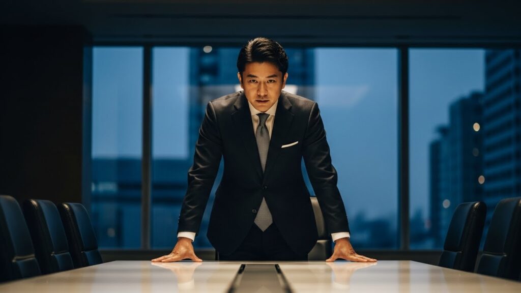 会議室で自信満々に挙手し、周囲の注目を集めようとする日本人男性。余計な一言の裏にある承認欲求や競争心といった心理的背景を象徴的に描いたシーン。