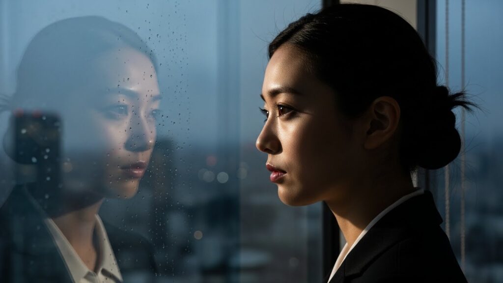 薄暗いオフィスで窓の外を見つめ、自身の内面と向き合う日本人女性社員。余計なことをする人の心理にある承認欲求や孤独感が、静かな表情に表れている様子。