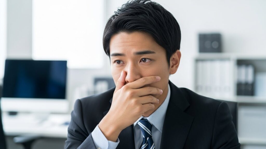 職場で口元を手で覆い、失言を悔やんでいる日本人ビジネスマンの様子。つい余計なことを言ってしまう自分に後悔し、原因と直し方、そして正しい対処法を求めている心理を表しています。