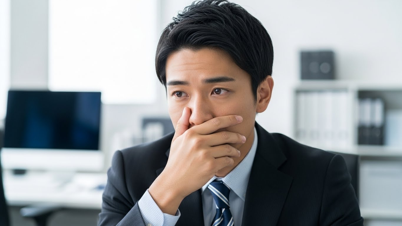 職場で口元を手で覆い、失言を悔やんでいる日本人ビジネスマンの様子。つい余計なことを言ってしまう自分に後悔し、原因と直し方、そして正しい対処法を求めている心理を表しています。