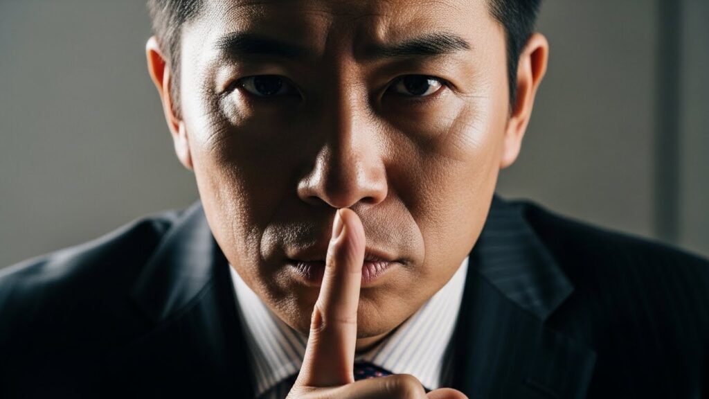 真剣な眼差しで口元に指を立て、静かにするよう合図を送る日本人男性。口が軽い人にうっかり話してしまった際に、他言無用だと強く釘を刺すリスク管理の重要性を示している。