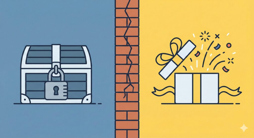 情報の重要性に関する認識のズレを示した図。一般人は秘密を鍵のかかった宝箱（財産）として捉える一方、口が軽い人は開かれたギフトボックス（共有する娯楽）として捉えており、両者の間には認識の壁がある。