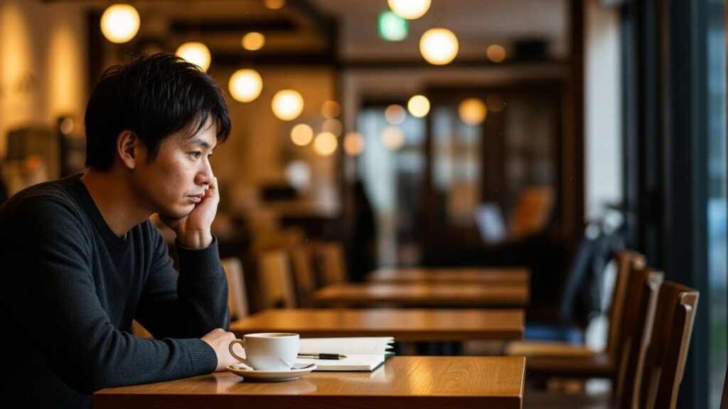 静かなカフェで一人考え事をし、自分自身を振り返る日本人男性。無意識に余計な一言を言わないための自戒と、冷静さを保つ心構えを表現している様子。