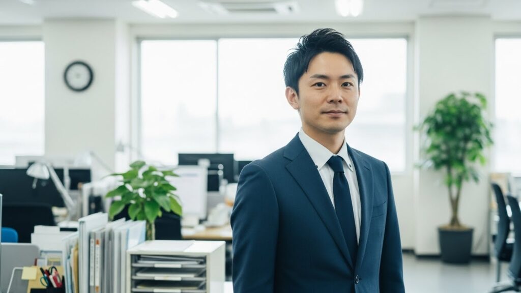 オフィスのデスクで、穏やかながらも毅然としている日本人男性。職場で振り回されないための具体的な対処法として、明確な意思表示をしている場面。