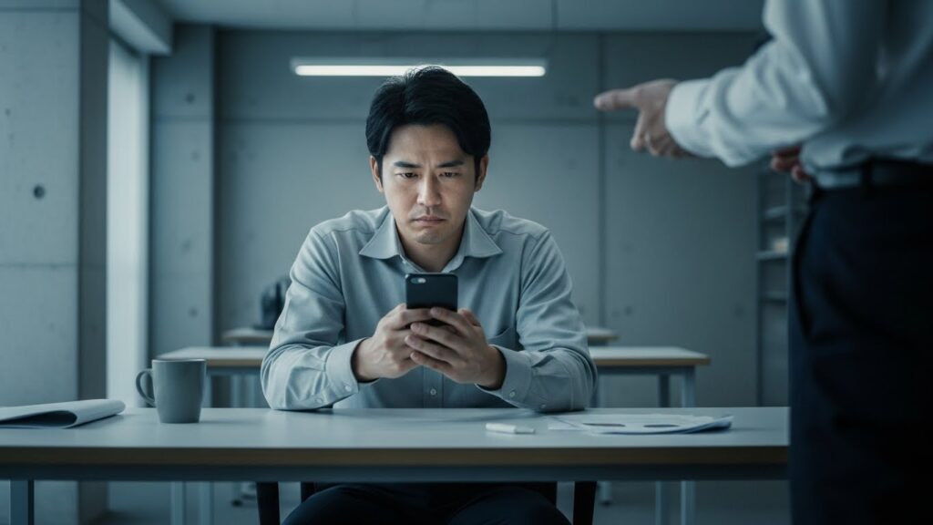 オフィスのデスクでスマートフォンを操作し、話しかけてくる相手を見ようとしない無関心な男性。目を合わせない態度は、見下されているサインの代表例である。
