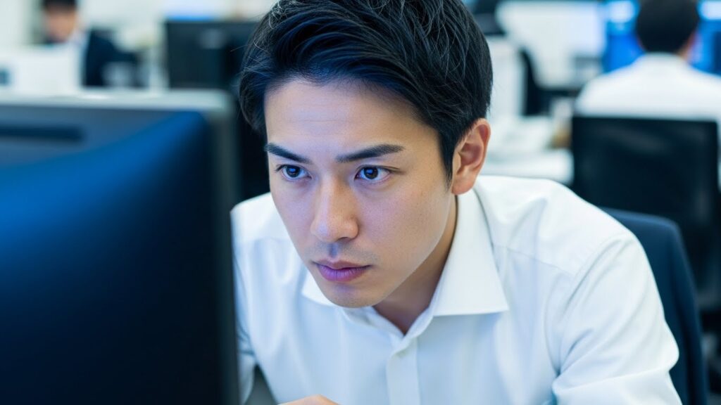 パソコン画面を真剣な眼差しで凝視し、作業の手が止まっている日本人男性社員。細部にこだわりすぎる完璧主義など、仕事が遅い人の特徴と原因を象徴している様子。