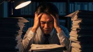 深夜のオフィスで山積みの書類を前に頭を抱えている日本人男性。仕事が遅い人の特徴や、業務が終わらずしわ寄せに苦しむ末路、そして対処法が必要な切迫した状況。
