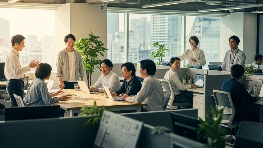 調和の取れた日本のオフィスで、チーム全体が穏やかに談笑している風景。余計な一言への対処法を身につけた先にある、円滑な人間関係と働きやすい職場環境を象徴している。