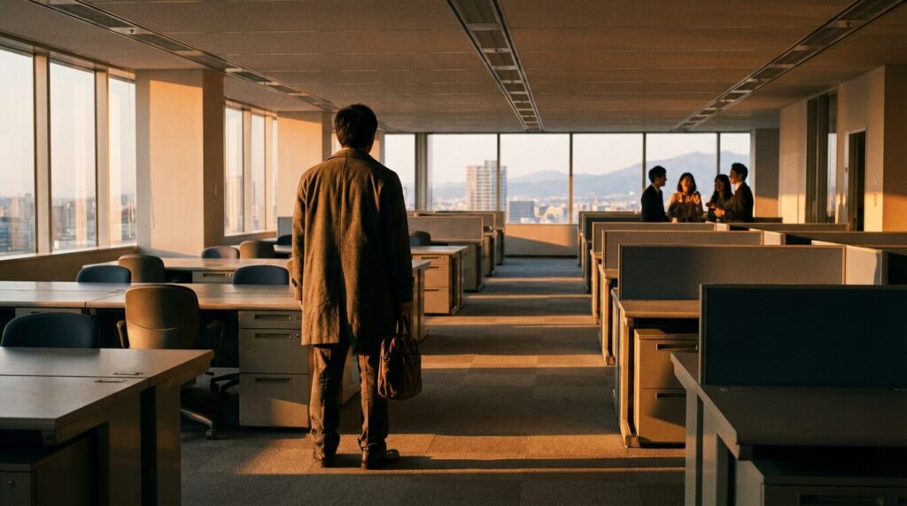 周囲の人が離れていき職場で孤立してしまった40代日本人男性の後ろ姿。自慢ばかりする人が迎える寂しい末路を表現している。