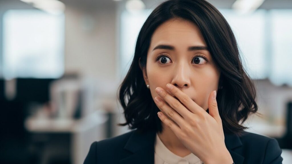 オフィスで日本人女性がハッとして口元を手で覆い、失言を後悔しているような表情を浮かべている。悪気なく思ったことを言ってしまう原因を知り、改善へと向かうイメージ。