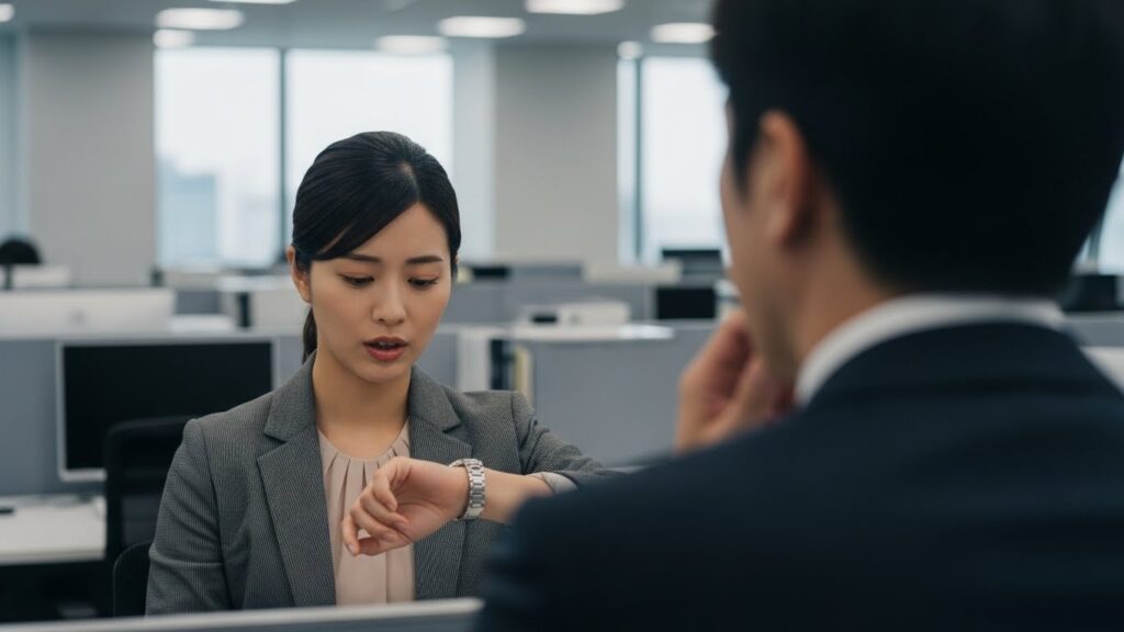 話の長い同僚との会話中に、こっそりと腕時計を見て時間を気にしている女性社員。理屈っぽい人との会話が時間を奪い、めんどくさいと感じさせる理由やストレス要因を象徴している。