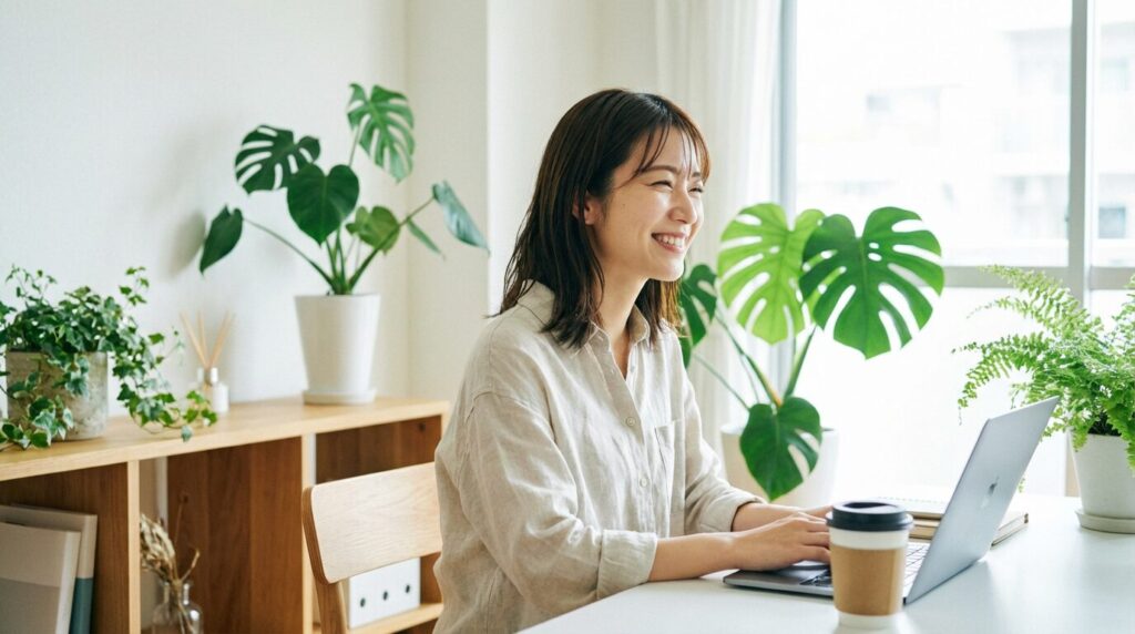 人間関係のストレスに対処し、穏やかな気持ちで仕事に取り組む女性。自慢ばかりする人の末路と対処法を理解し、前向きな一歩を踏み出した姿。