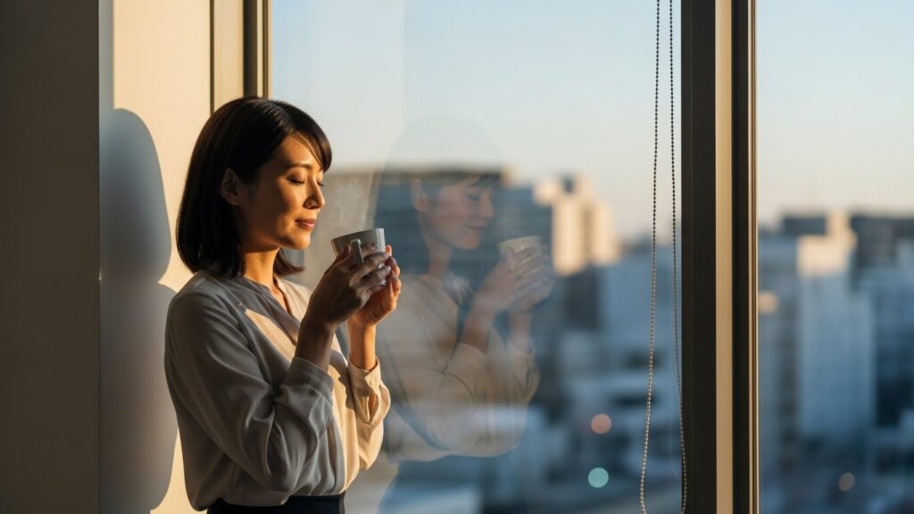 仕事を終えたオフィスの窓際で、コーヒーを片手に穏やかな表情でリラックスしている日本人女性。言わなくていいことを言う人の心理と対処法を理解し、職場のストレスから解放されたまとめのイメージ。