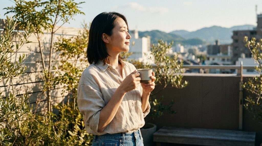 ストレスから解放され、穏やかな表情でリラックスする日本人女性。承認欲求が強い人の特徴や対処法を理解し、自分の心を守る環境が整った状態。