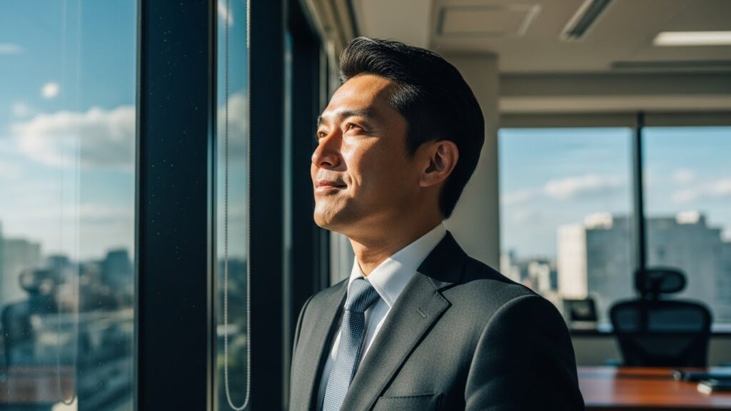 オフィスの窓際で、清々しい表情で未来を見つめる男性社員。理屈っぽい人の特徴や対処法を理解し、職場の人間関係が円滑になった後のポジティブな心境を表現している。