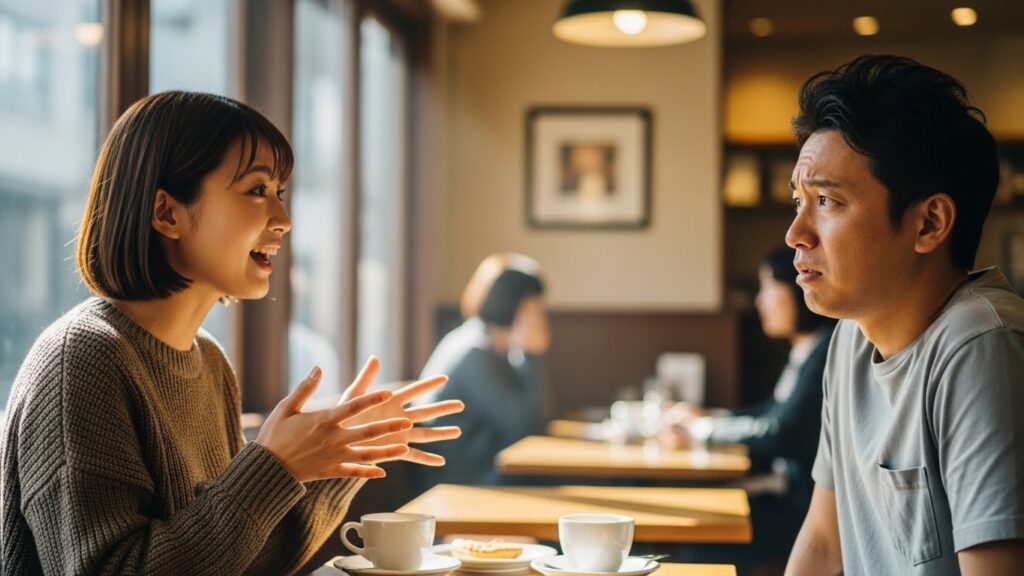 カフェで一方的に話し続ける日本人女性と、その勢いに戸惑う男性の姿。悪気なく思ったことをすぐ口に出してしまう、余計なことを言う人の典型的な性格と特徴を表している。