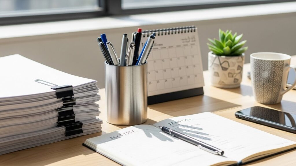 オフィスのデスク上に整理されたタスクリストやカレンダー。自分の仕事しかしない人への効果的な対処法として、感情論ではなくタスク管理や役割分担を明確にする仕組み作りのイメージ。