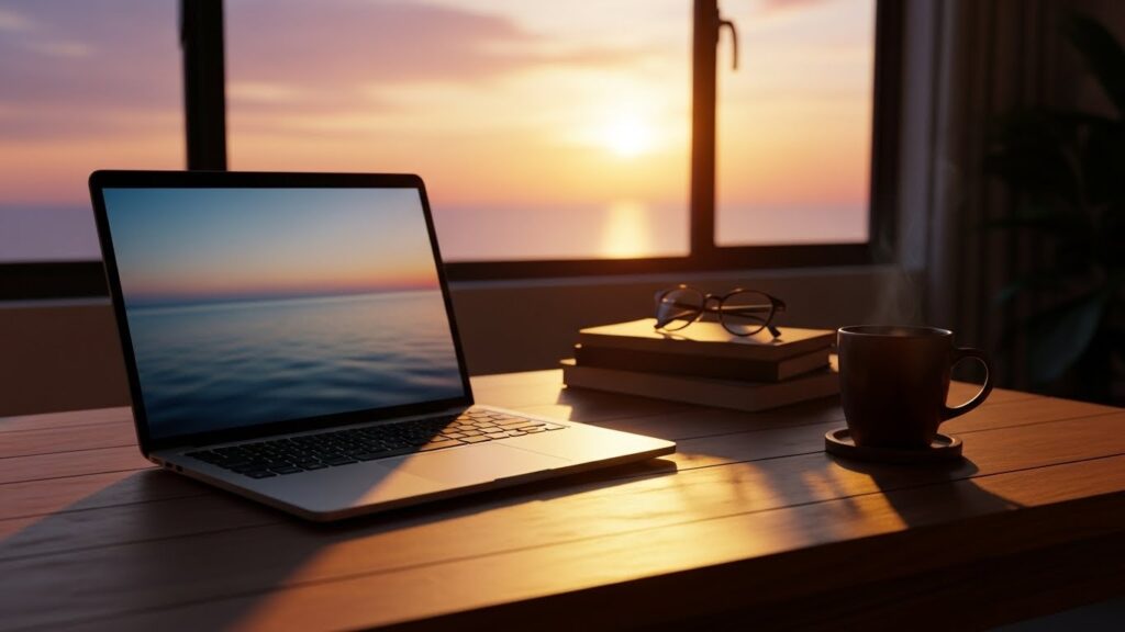 夕暮れ時の静かな部屋のデスクに置かれた、開かれたノートパソコンと手帳。余計なことを言う人に悩まされた過去の体験談を振り返り、静かに綴っている心象風景。