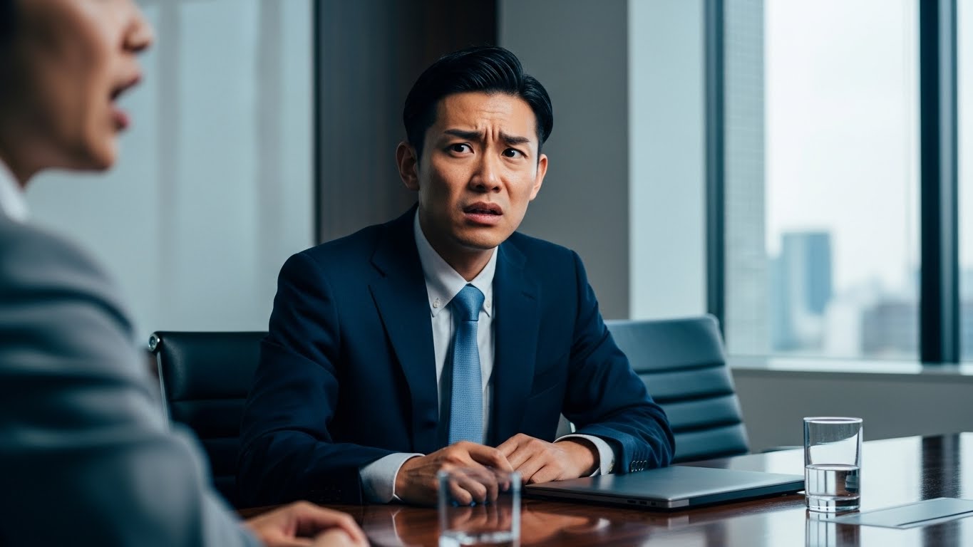 日本のオフィスで、同僚の余計な一言に困惑し疲れた表情を見せるビジネスパーソン。職場で余計なことを言う人の発言に対する心理的な負担と、うざいと感じたときの上手な対処法の必要性を表現している様子。