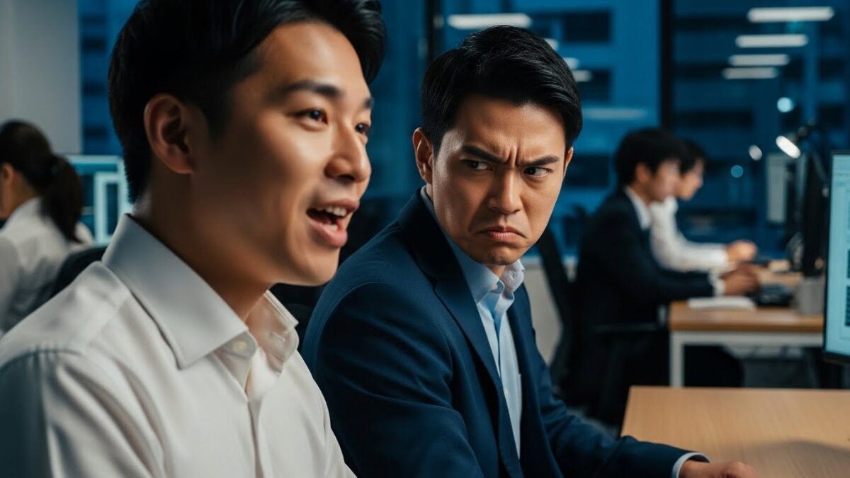 日本のオフィスで不用意な発言により周囲が静まり返り、緊張感が漂っている様子。職場で言わなくていいことを言う人の心理や特徴を知り、適切な対処法を学ぶためのイメージ。