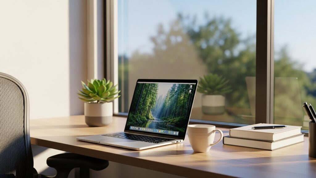 窓から光が差し込む整理されたデスクに、ノートパソコンとコーヒーカップが置かれている風景。仕事が遅い人の特徴や末路を理解し、対策を講じた後の生産的で快適な職場環境をイメージしている。