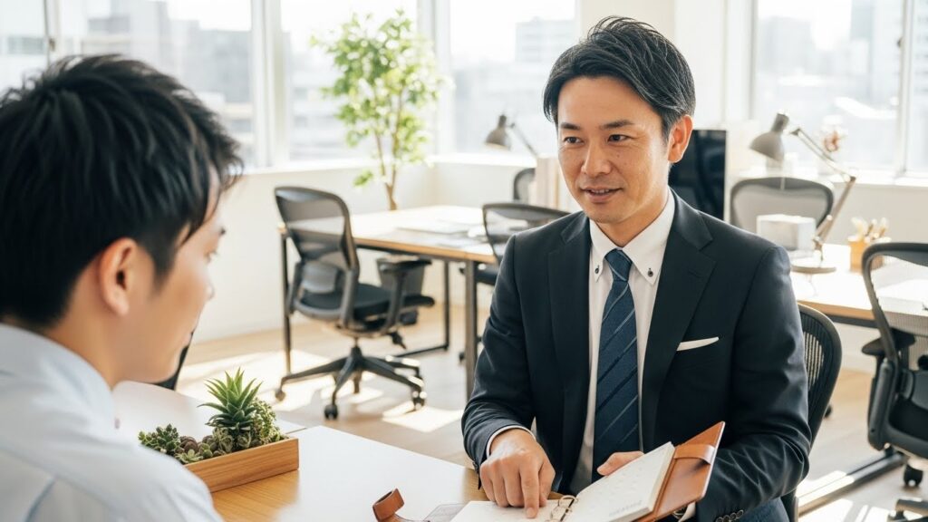 明るいオフィスで手帳を示しながら、部下と穏やかに打ち合わせをする日本人上司。期限の明確化や優先順位の指示など、業務のしわ寄せを減らす具体的な対処法を実践している様子。