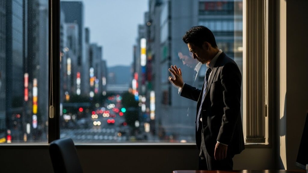 都会のオフィスビルで窓際に一人佇み、孤立感に包まれている日本人男性。改善が見られない場合に仕事が遅い人が迎える、職場での孤立やキャリア停滞といった悲しい末路を暗示している。
