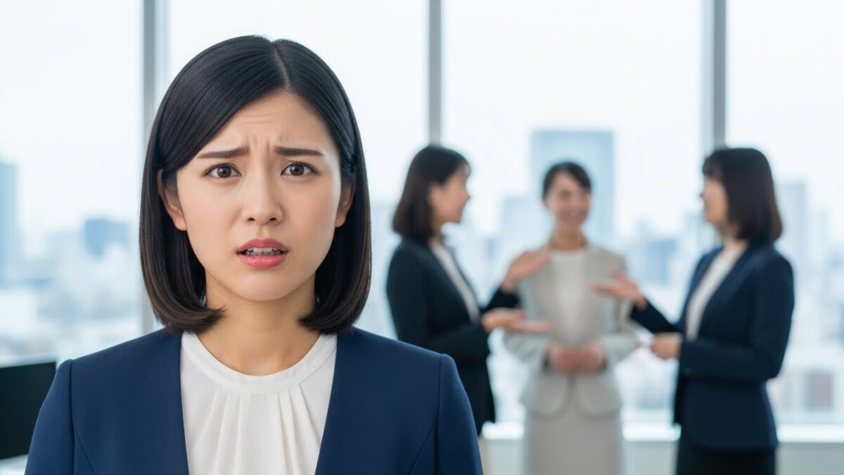 職場で同僚たちの噂話に悩まされ、手前で困惑した表情を浮かべる日本人女性社員。口が軽い人が迎える末路を想像しながら、職場にいる信用できない相手への対処法を模索している様子。