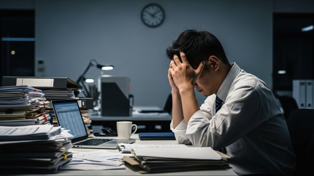 書類が山積みになったデスクで頭を抱える男性社員と、背景に見える時計。話が長い人は仕事が出来ないと評価され、職場の生産性に悪影響を与えている深刻な状況を表している。