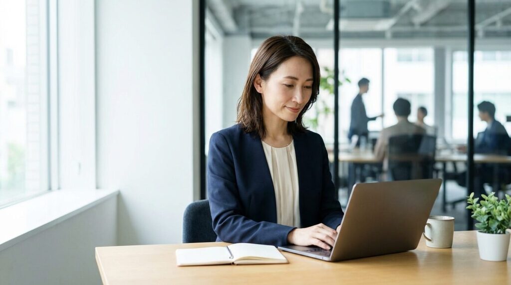 冷静な表情でPCに向かい業務記録を残している日本人女性。感情的にならず事実を伝える、距離を置くなど、ヘラヘラしてる人への適切な対処法を実践している様子。
