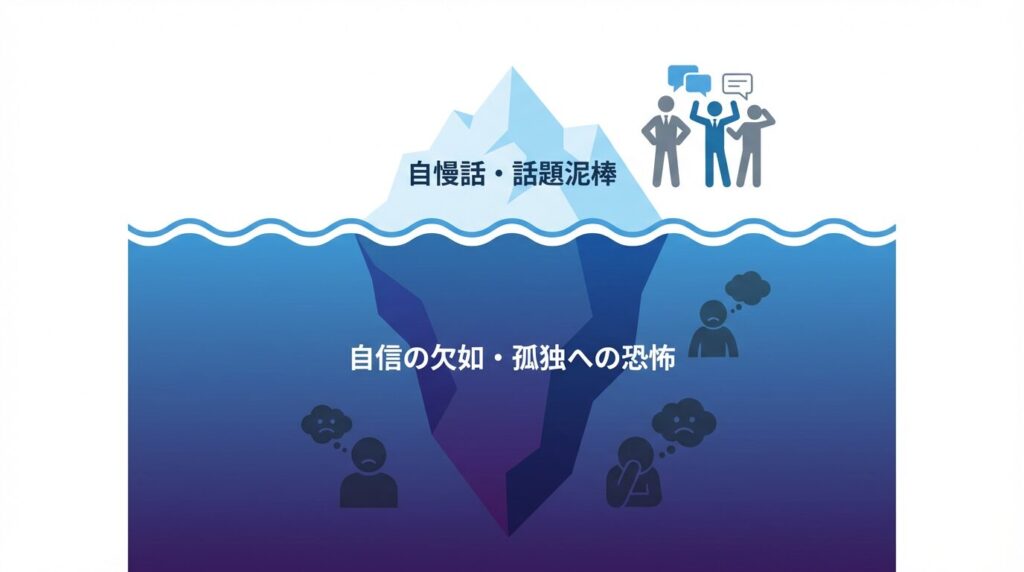 承認欲求の強さを表す氷山モデルの図解。表面的な自慢話の裏には、自信のなさや孤独への恐怖が隠されている心理構造を示している。