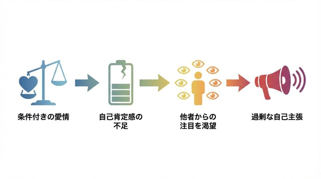 承認欲求と自己中心的行動のメカニズム図解:条件付きの愛情が自己肯定感の不足を招き、他者からの注目を渇望することで過剰な自己主張につながる心理的プロセスを示すフローチャート。