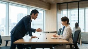 職場で上から目線の人である上司が威圧的に話しているが、部下は特徴や心理を踏まえて冷静に対処法を実践している様子。