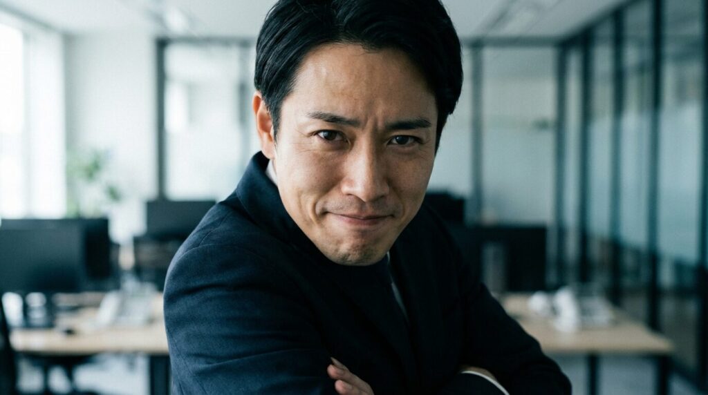 腕組みをして相手を見下ろすような態度を取る日本人男性。上から目線の人の特徴的な行動と、その裏に隠された自信のなさという心理を表している。